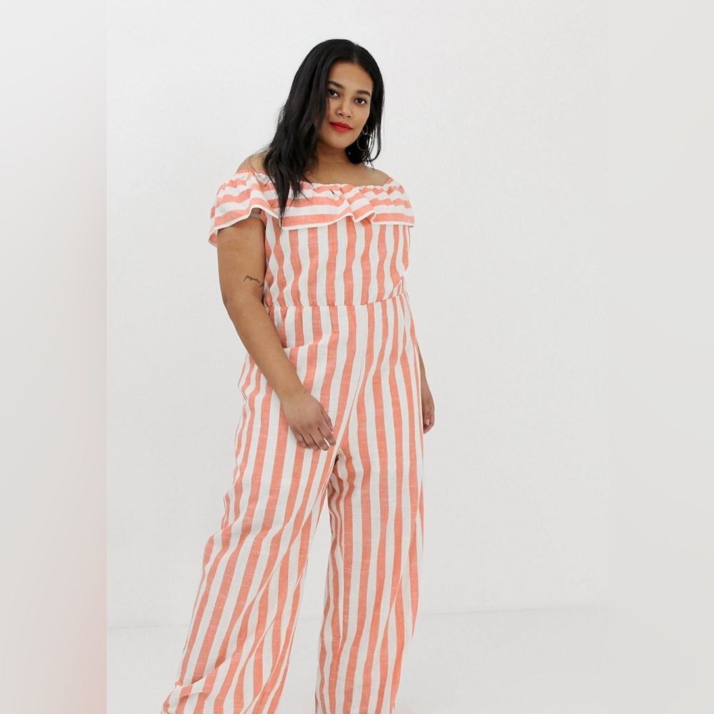 NWT Glamorous Curve Size 24 Orange Striped Off The Shoulder Wide Leg Jumpsuit